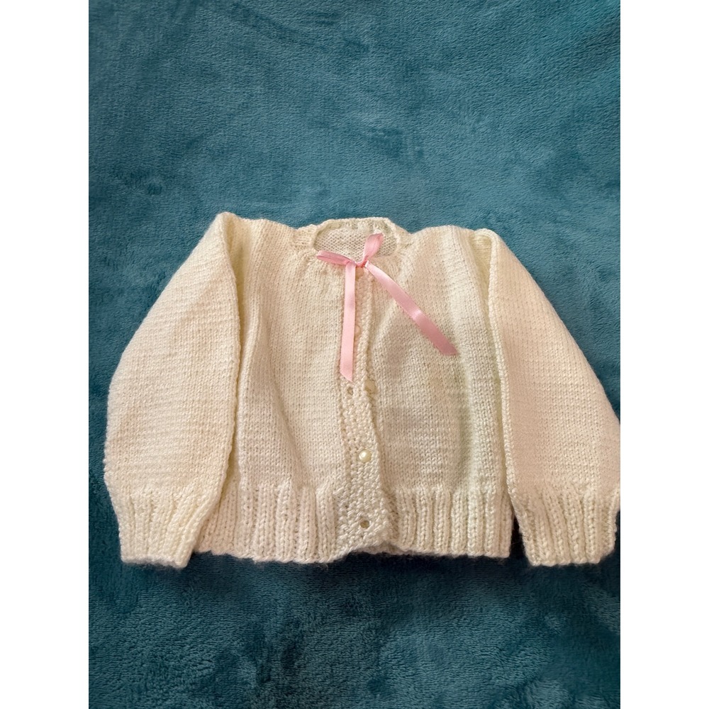 Handmade Cream Knit Baby Cardigan Sweater Pink Ribbon Bow Button Front Cream